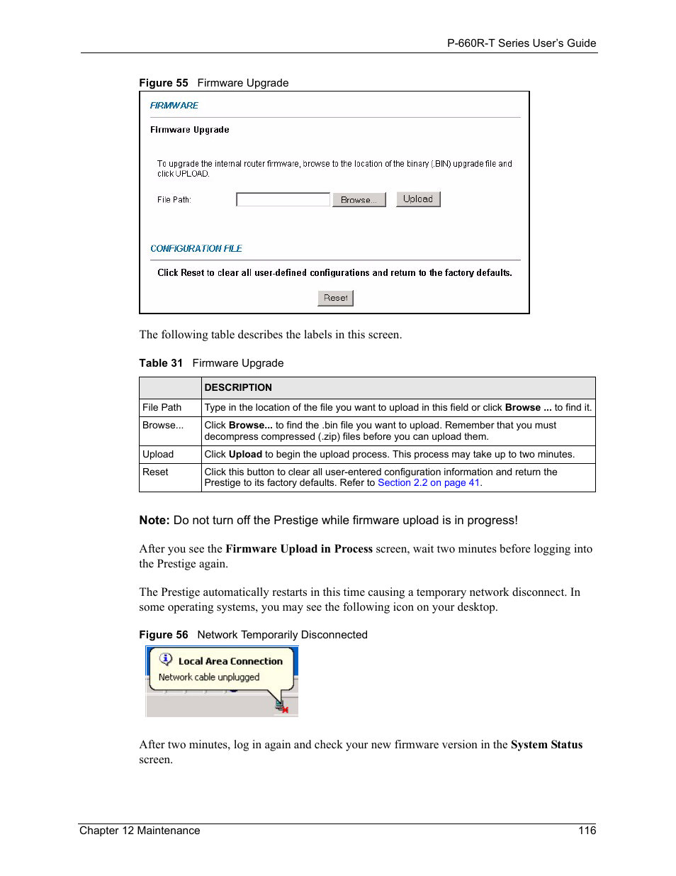 Table 31 firmware upgrade | ZyXEL Communications ADSL2+ Ethernet Gateway P-660R-T Series User Manual | Page 116 / 302