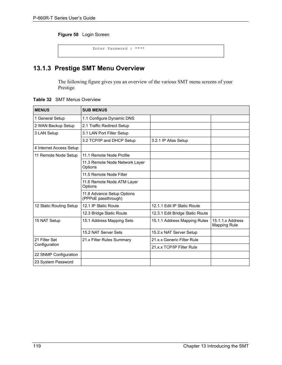 3 prestige smt menu overview, Figure 58 login screen, Table 32 smt menus overview | ZyXEL Communications ADSL2+ Ethernet Gateway P-660R-T Series User Manual | Page 119 / 302