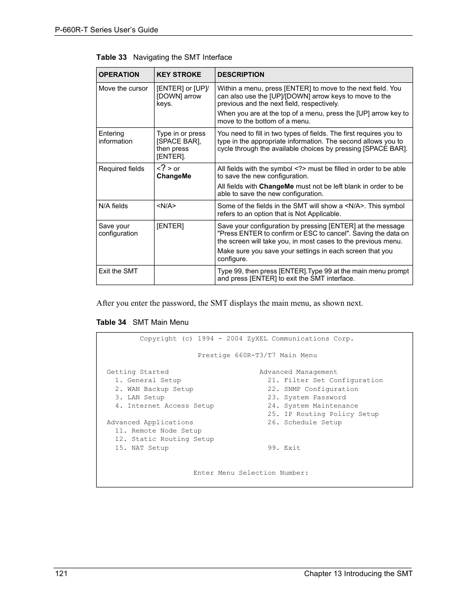 Table 34 smt main menu | ZyXEL Communications ADSL2+ Ethernet Gateway P-660R-T Series User Manual | Page 121 / 302