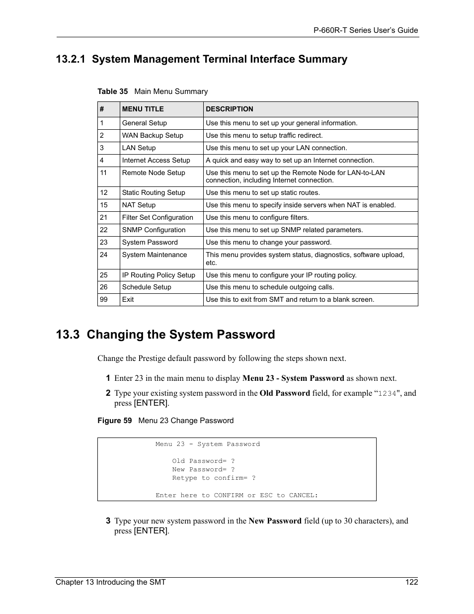 1 system management terminal interface summary, 3 changing the system password, Figure 59 menu 23 change password | Table 35 main menu summary | ZyXEL Communications ADSL2+ Ethernet Gateway P-660R-T Series User Manual | Page 122 / 302