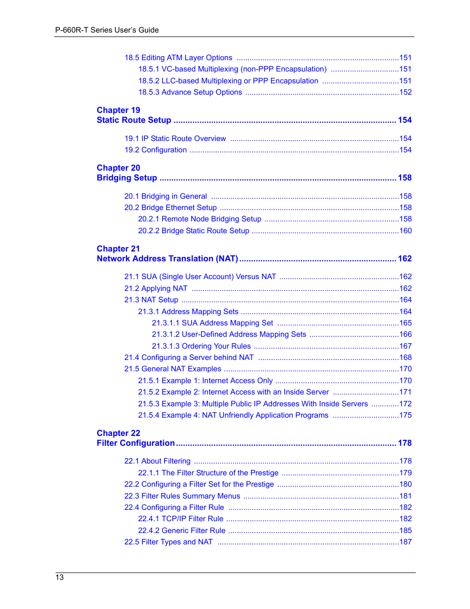 ZyXEL Communications ADSL2+ Ethernet Gateway P-660R-T Series User Manual | Page 13 / 302