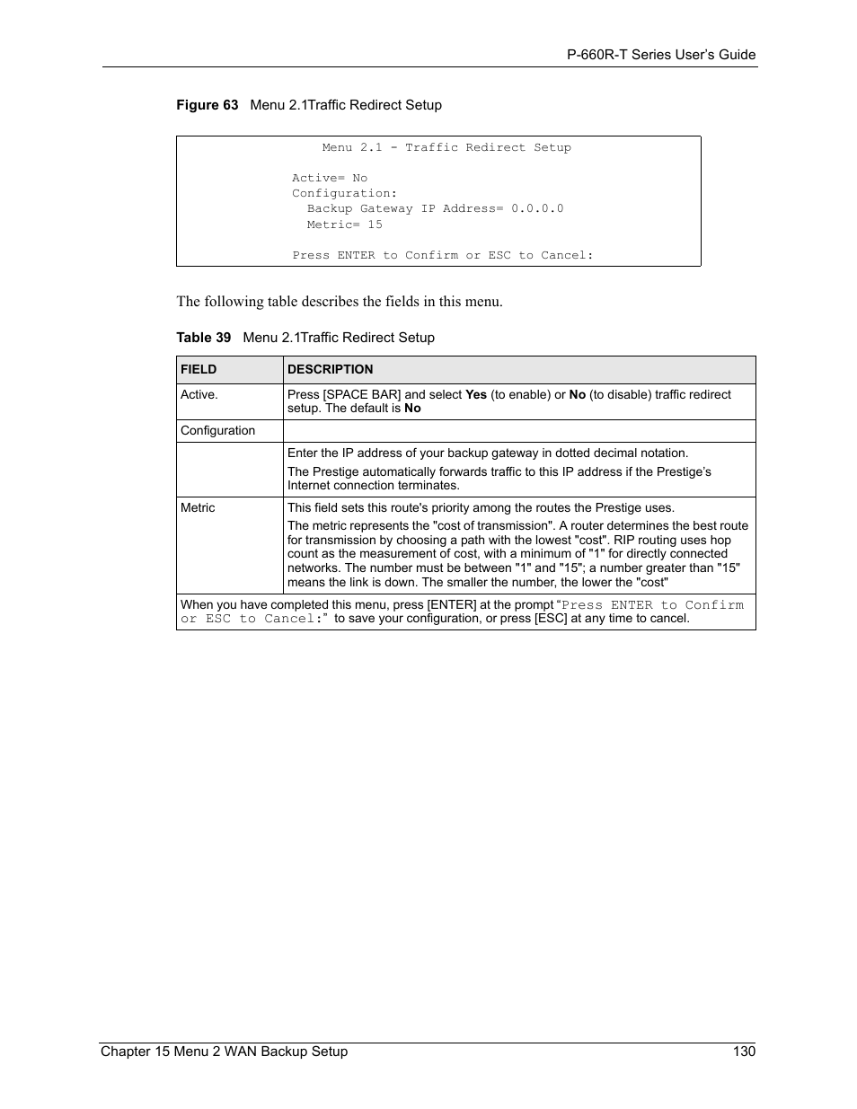 Figure 63 menu 2.1traffic redirect setup, Table 39 menu 2.1traffic redirect setup | ZyXEL Communications ADSL2+ Ethernet Gateway P-660R-T Series User Manual | Page 130 / 302