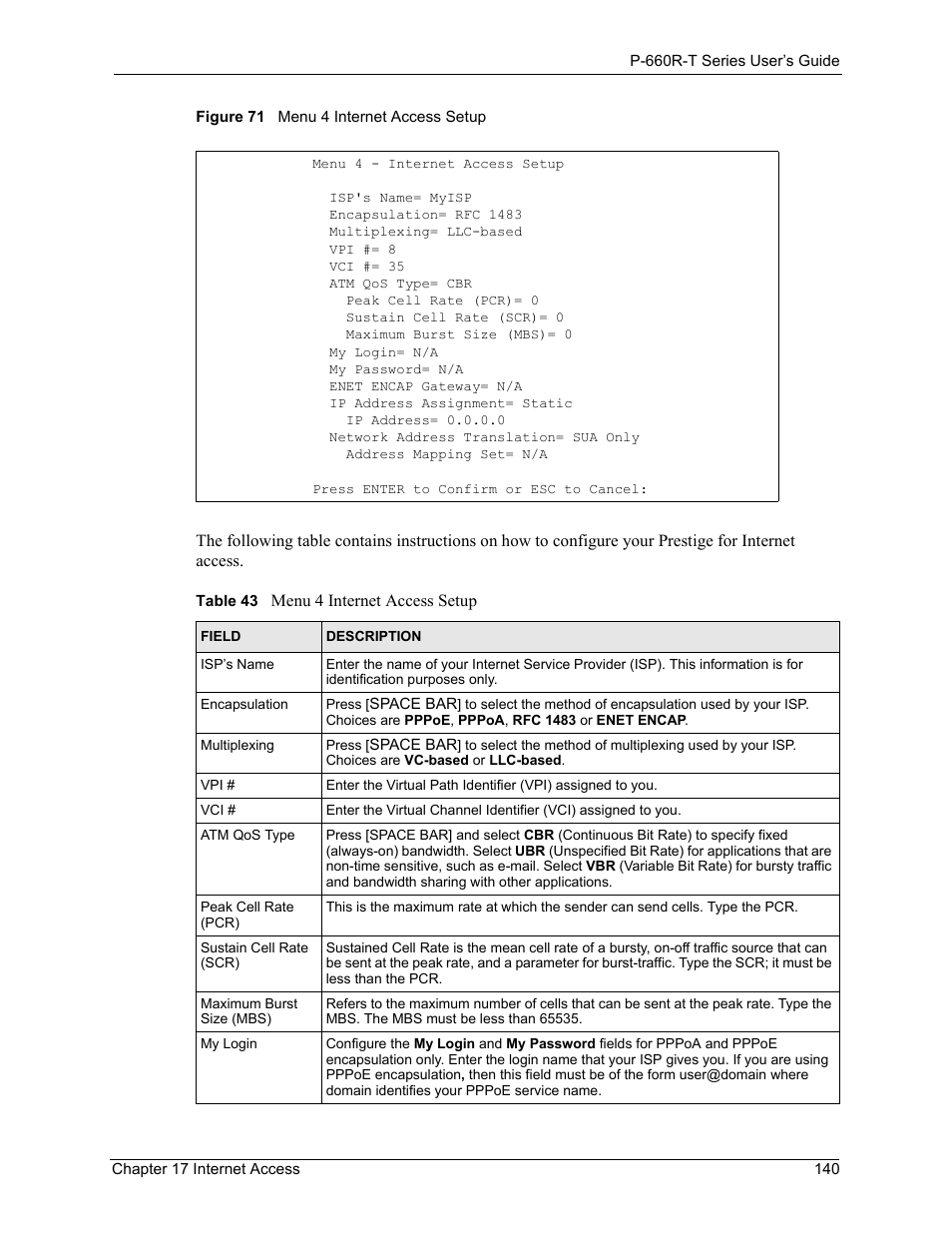 Figure 71 menu 4 internet access setup, Table 43 menu 4 internet access setup | ZyXEL Communications ADSL2+ Ethernet Gateway P-660R-T Series User Manual | Page 140 / 302