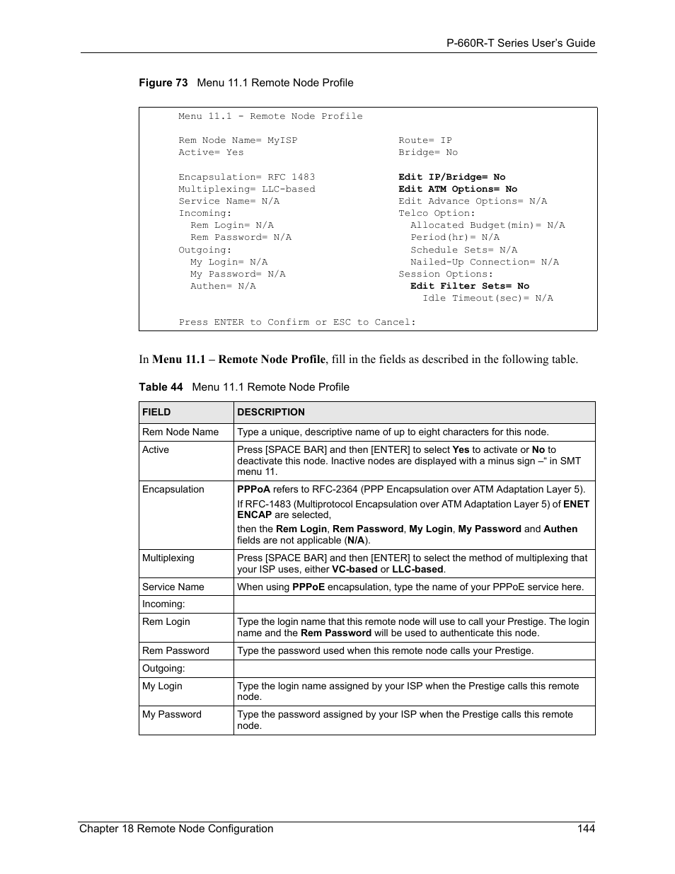 Figure 73 menu 11.1 remote node profile, Table 44 menu 11.1 remote node profile | ZyXEL Communications ADSL2+ Ethernet Gateway P-660R-T Series User Manual | Page 144 / 302