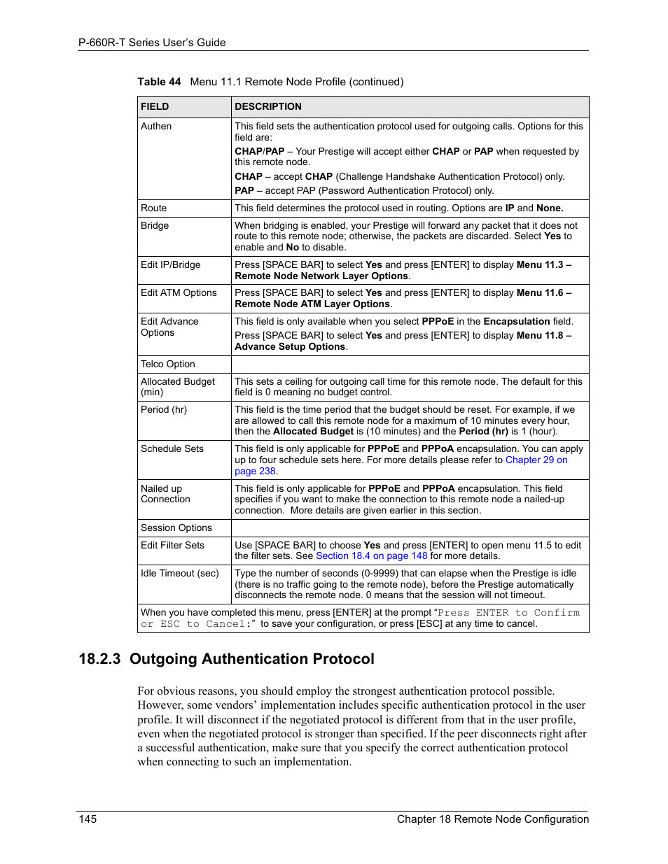 3 outgoing authentication protocol | ZyXEL Communications ADSL2+ Ethernet Gateway P-660R-T Series User Manual | Page 145 / 302