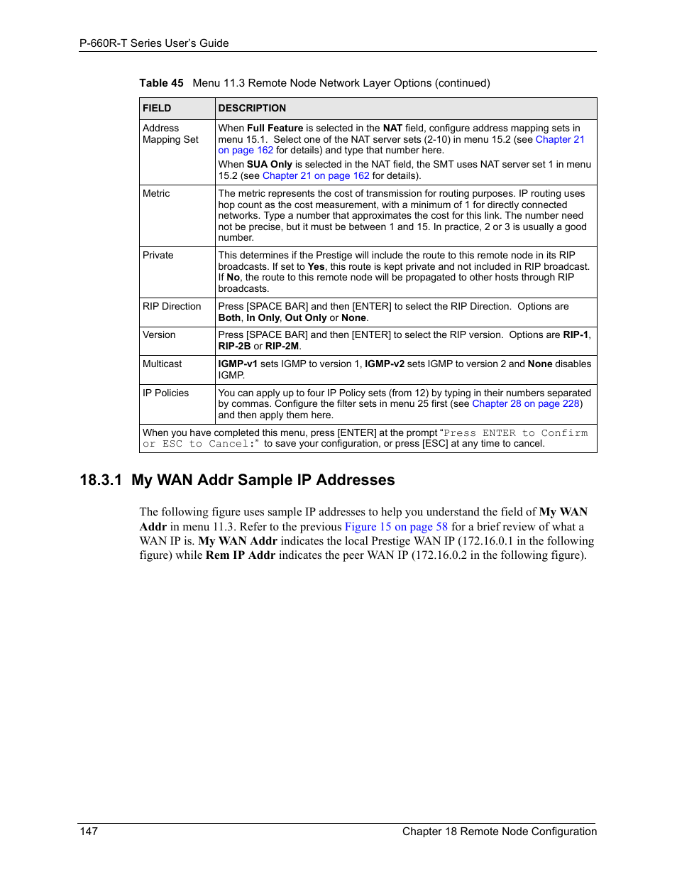 1 my wan addr sample ip addresses | ZyXEL Communications ADSL2+ Ethernet Gateway P-660R-T Series User Manual | Page 147 / 302