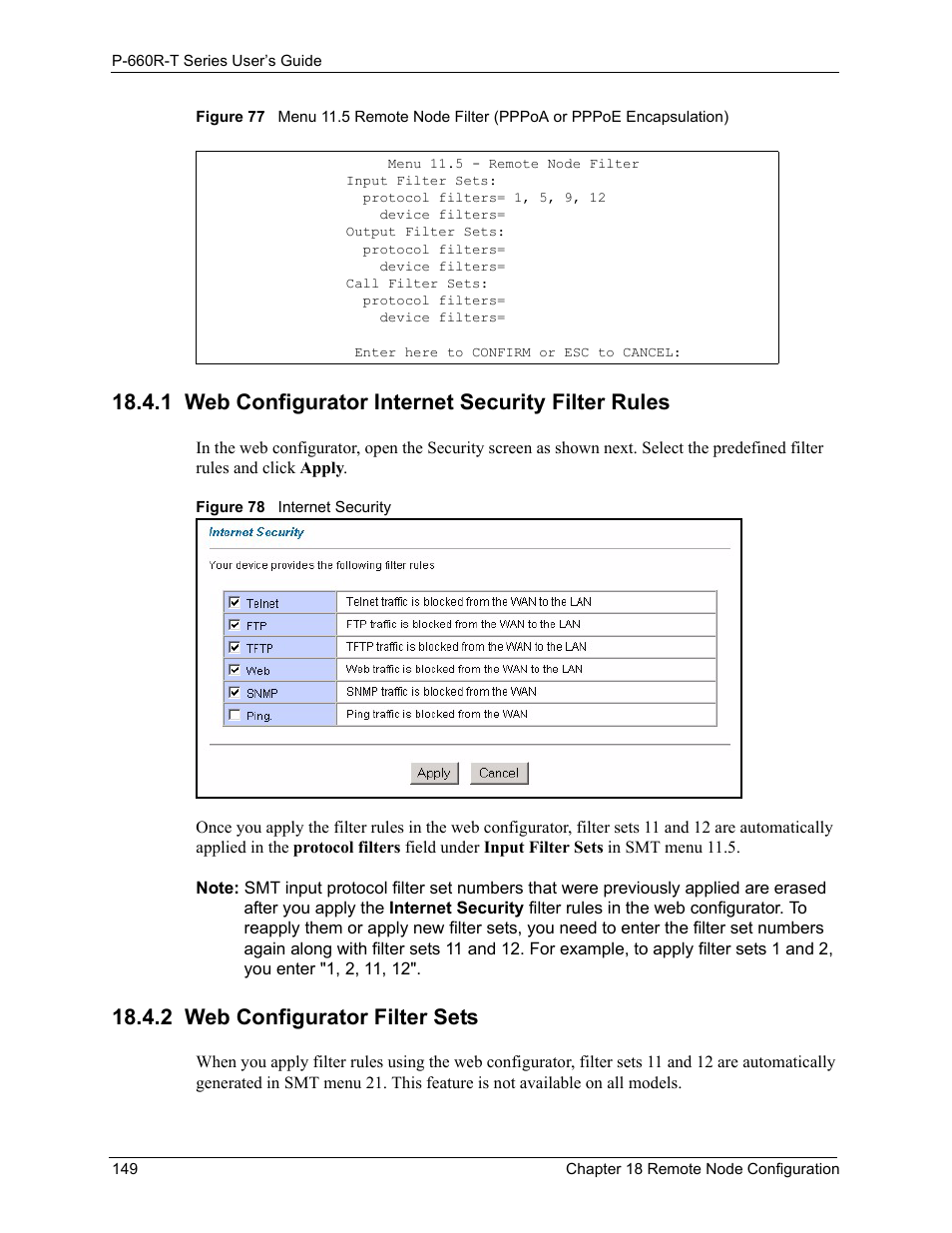 1 web configurator internet security filter rules, 2 web configurator filter sets | ZyXEL Communications ADSL2+ Ethernet Gateway P-660R-T Series User Manual | Page 149 / 302