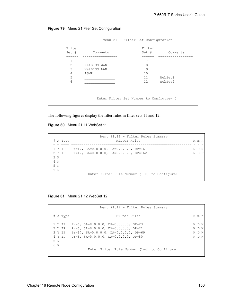 Figure 79 menu 21 filer set configuration | ZyXEL Communications ADSL2+ Ethernet Gateway P-660R-T Series User Manual | Page 150 / 302