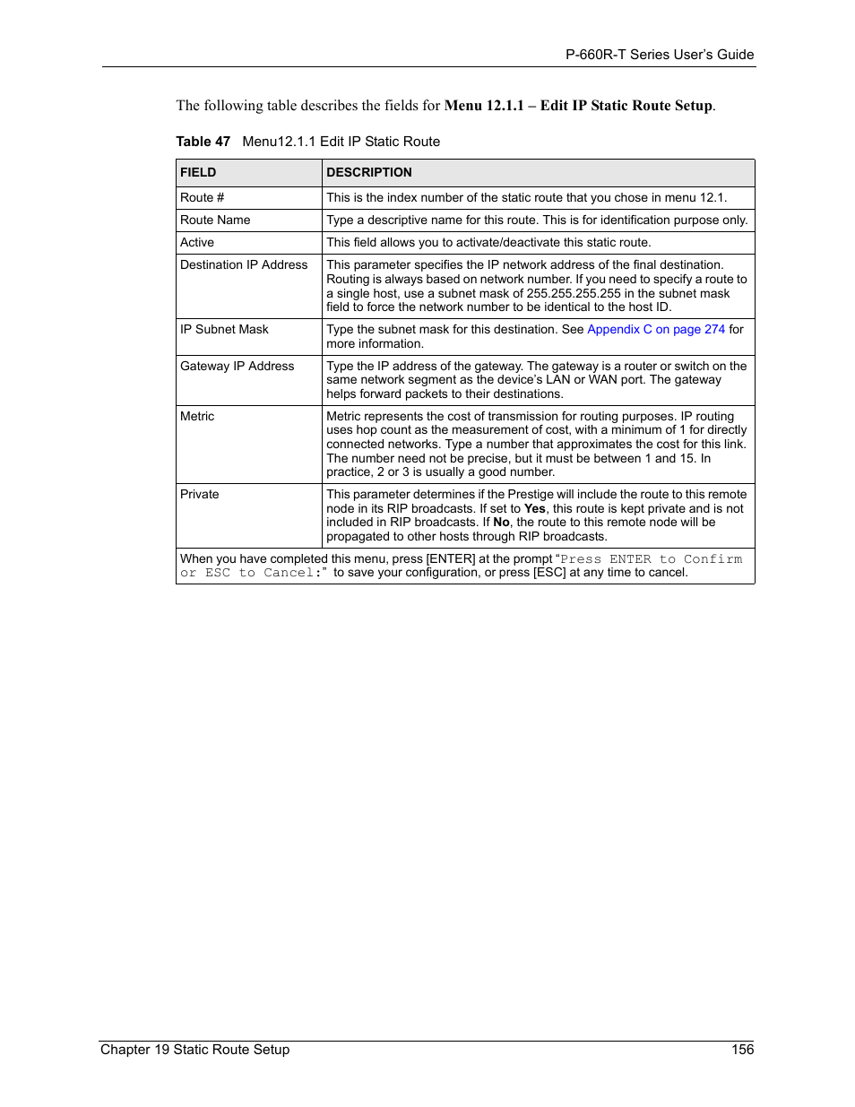 Table 47 menu12.1.1 edit ip static route | ZyXEL Communications ADSL2+ Ethernet Gateway P-660R-T Series User Manual | Page 156 / 302