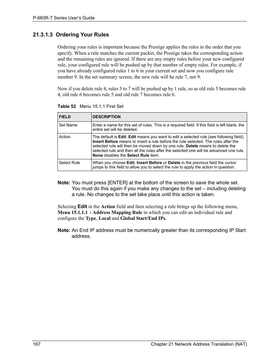 3 ordering your rules, Table 52 menu 15.1.1 first set | ZyXEL Communications ADSL2+ Ethernet Gateway P-660R-T Series User Manual | Page 167 / 302
