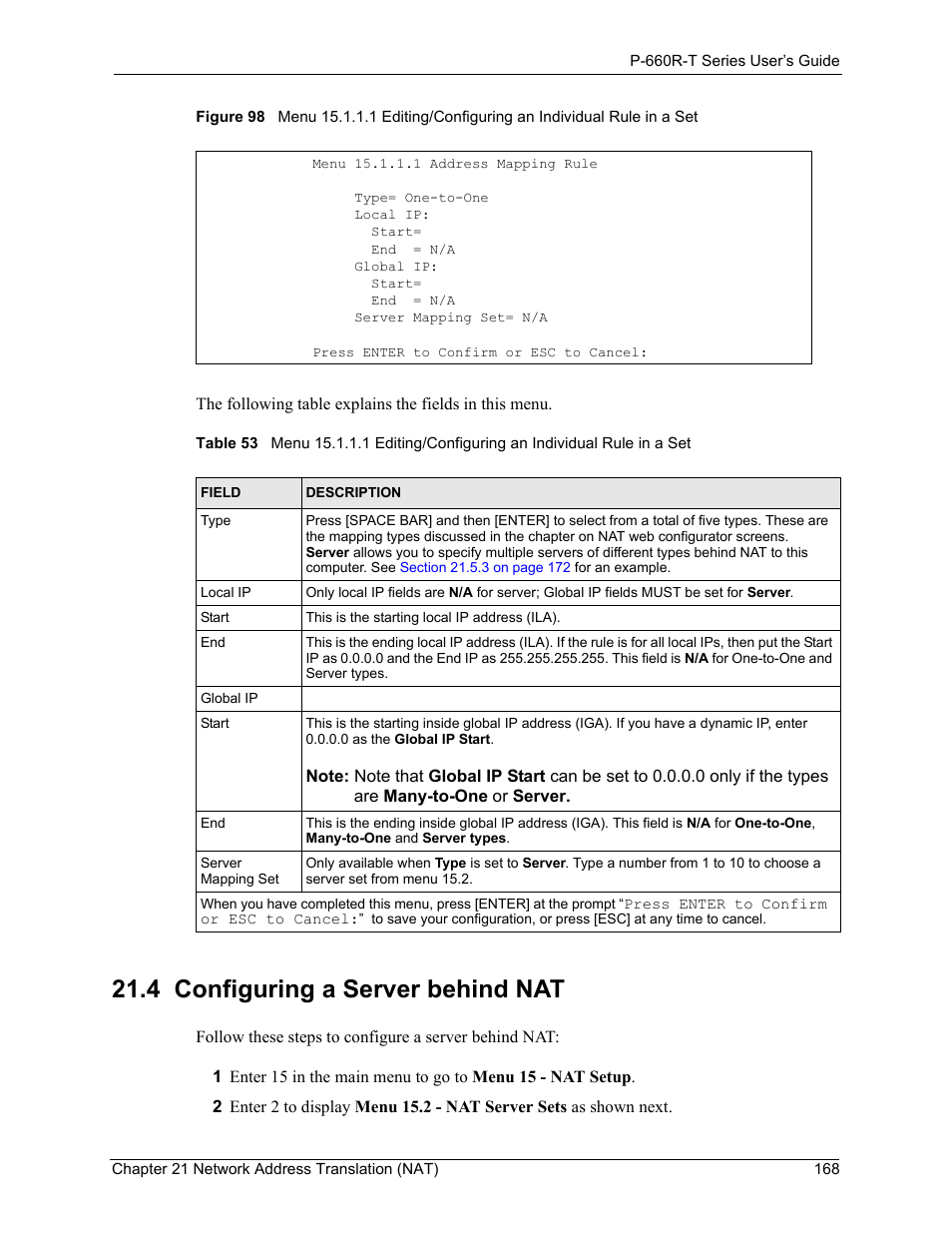 4 configuring a server behind nat | ZyXEL Communications ADSL2+ Ethernet Gateway P-660R-T Series User Manual | Page 168 / 302