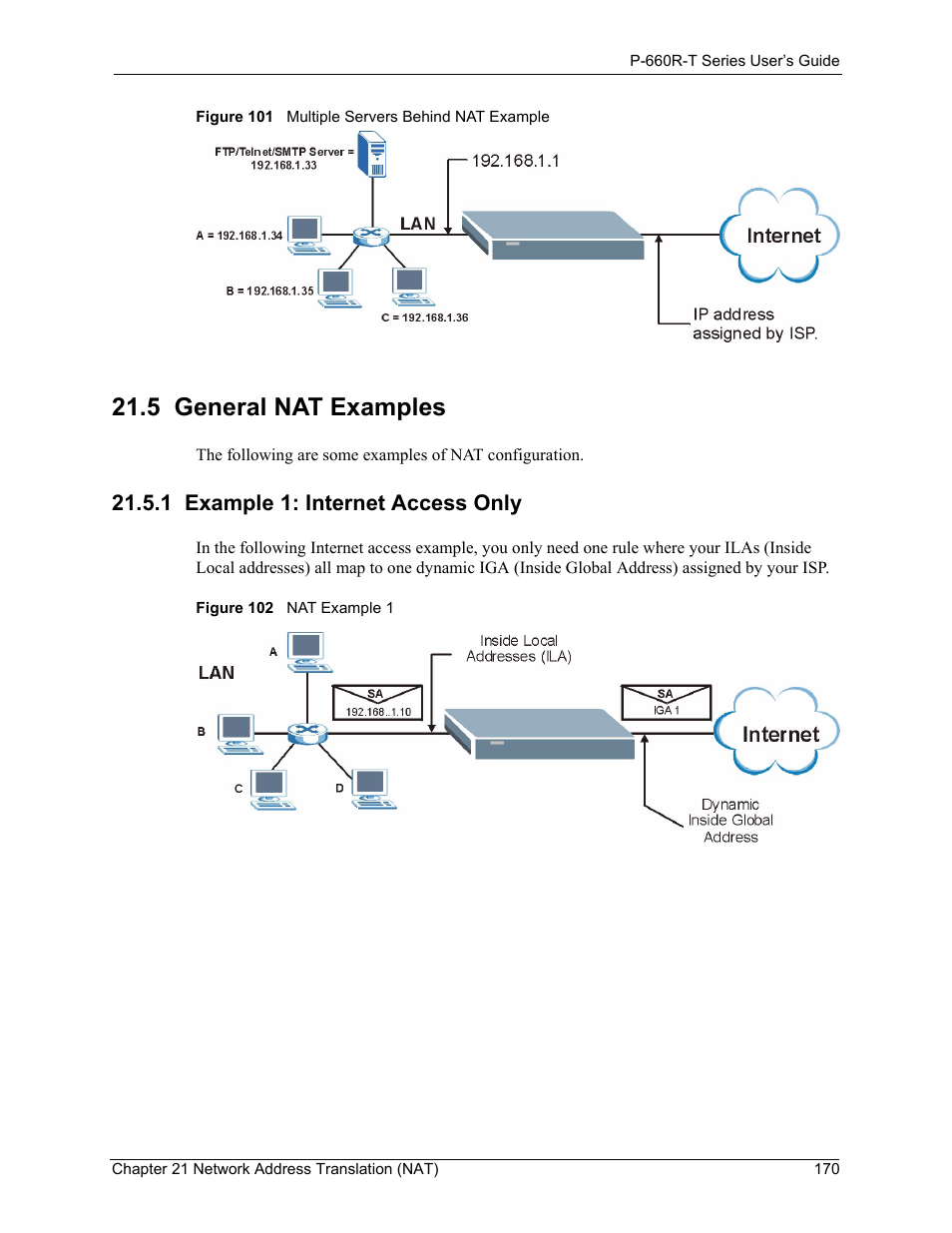 5 general nat examples, 1 example 1: internet access only | ZyXEL Communications ADSL2+ Ethernet Gateway P-660R-T Series User Manual | Page 170 / 302