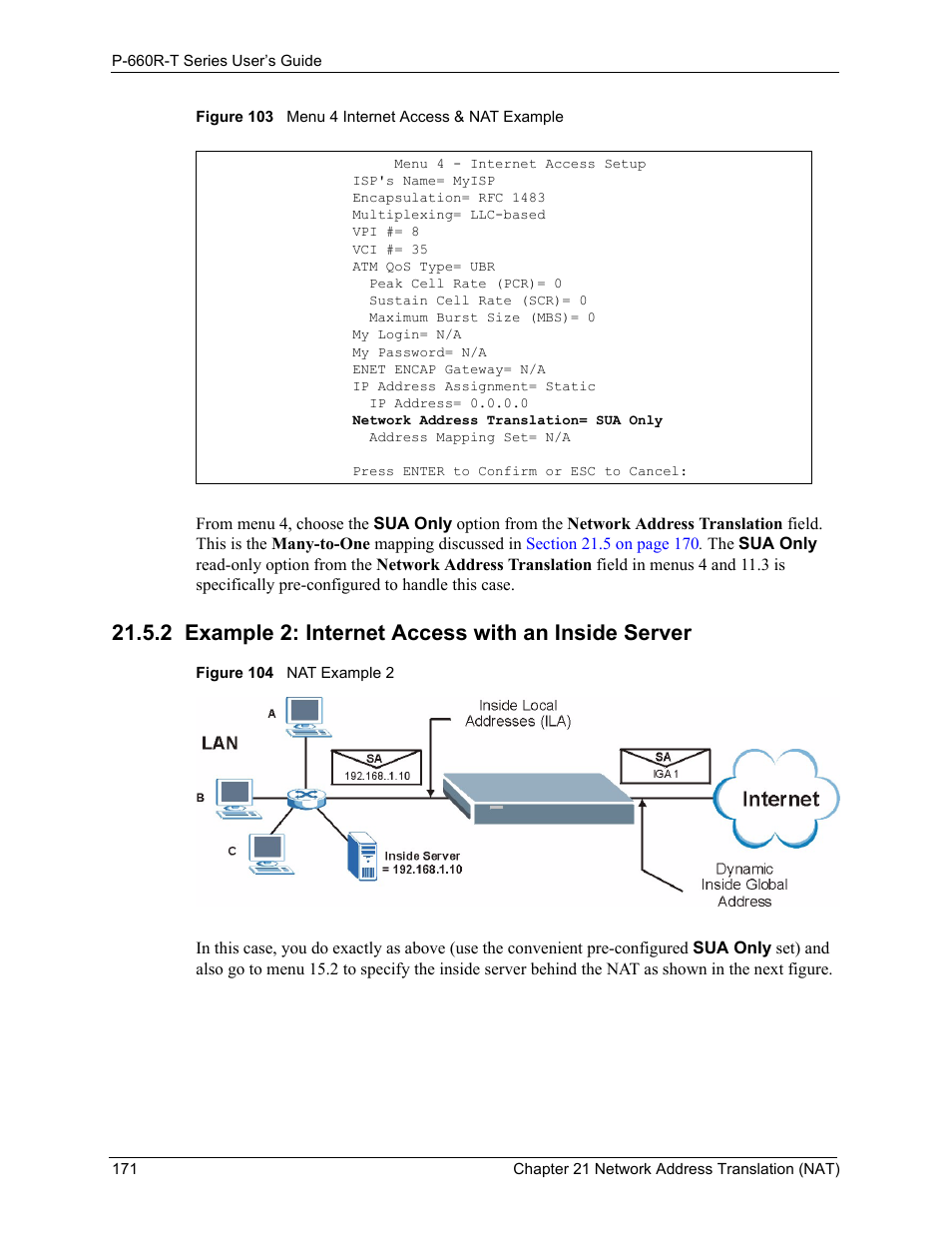 2 example 2: internet access with an inside server | ZyXEL Communications ADSL2+ Ethernet Gateway P-660R-T Series User Manual | Page 171 / 302