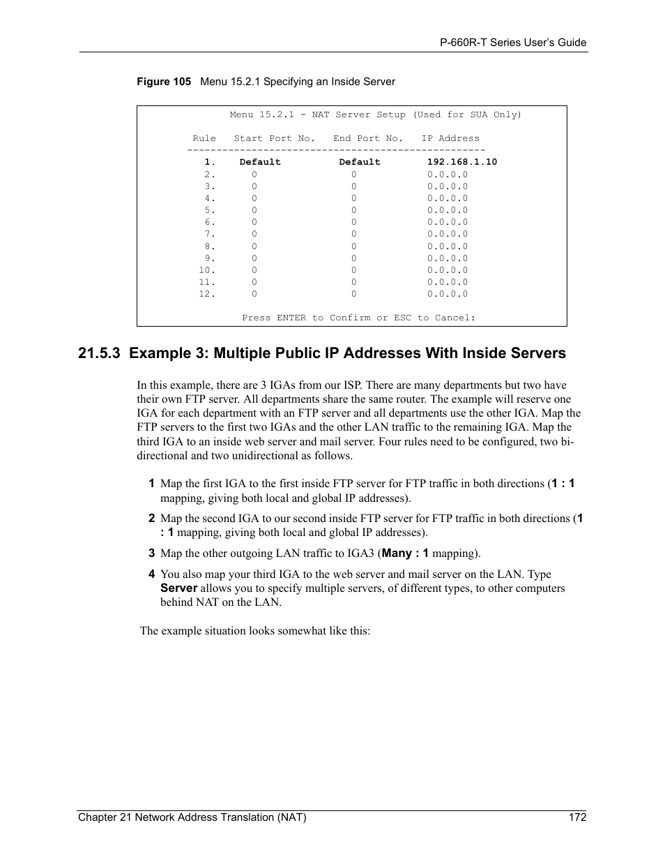 Figure 105 menu 15.2.1 specifying an inside server | ZyXEL Communications ADSL2+ Ethernet Gateway P-660R-T Series User Manual | Page 172 / 302