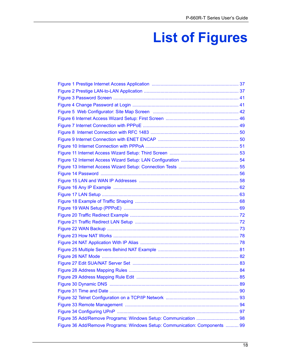 List of figures | ZyXEL Communications ADSL2+ Ethernet Gateway P-660R-T Series User Manual | Page 18 / 302