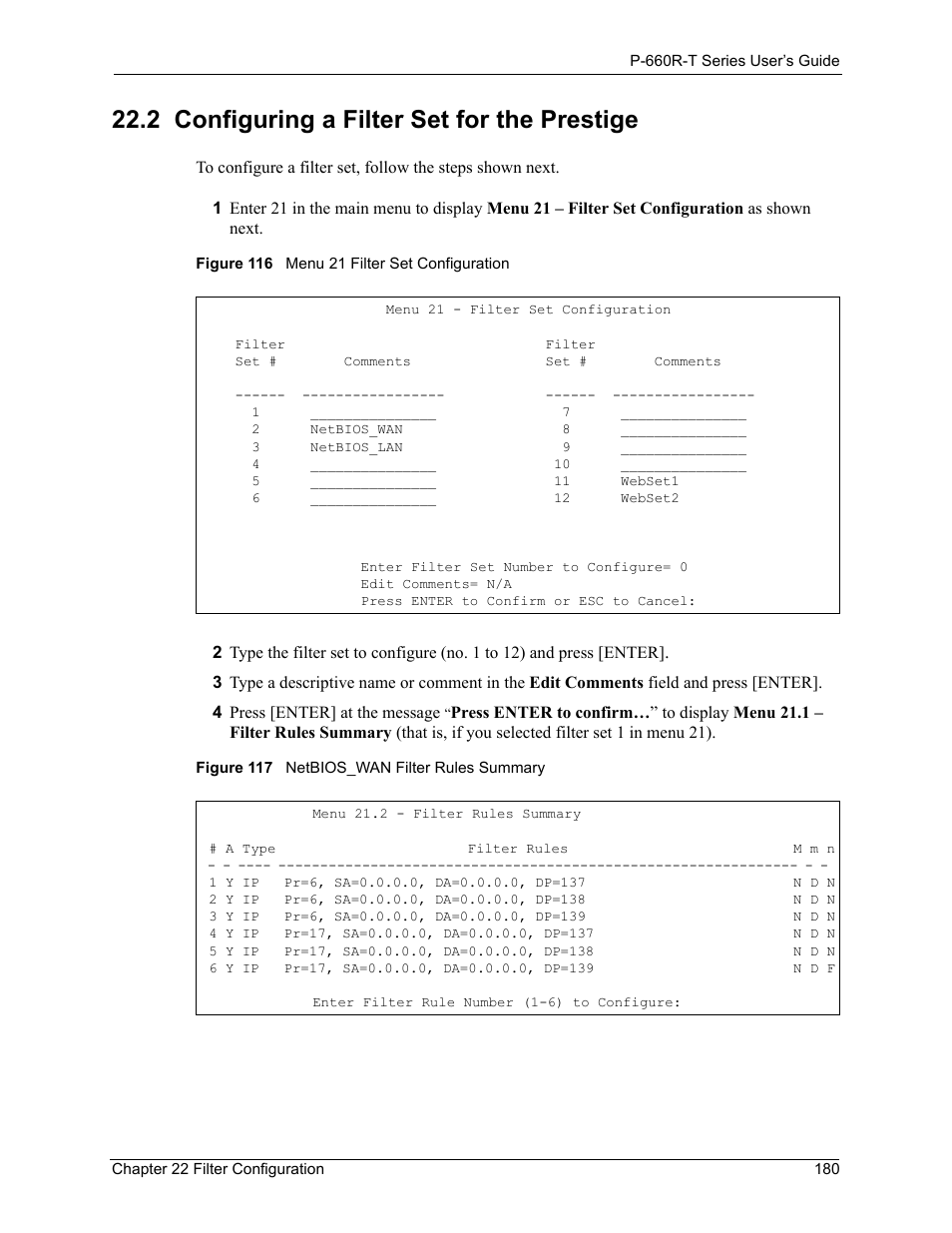 2 configuring a filter set for the prestige | ZyXEL Communications ADSL2+ Ethernet Gateway P-660R-T Series User Manual | Page 180 / 302