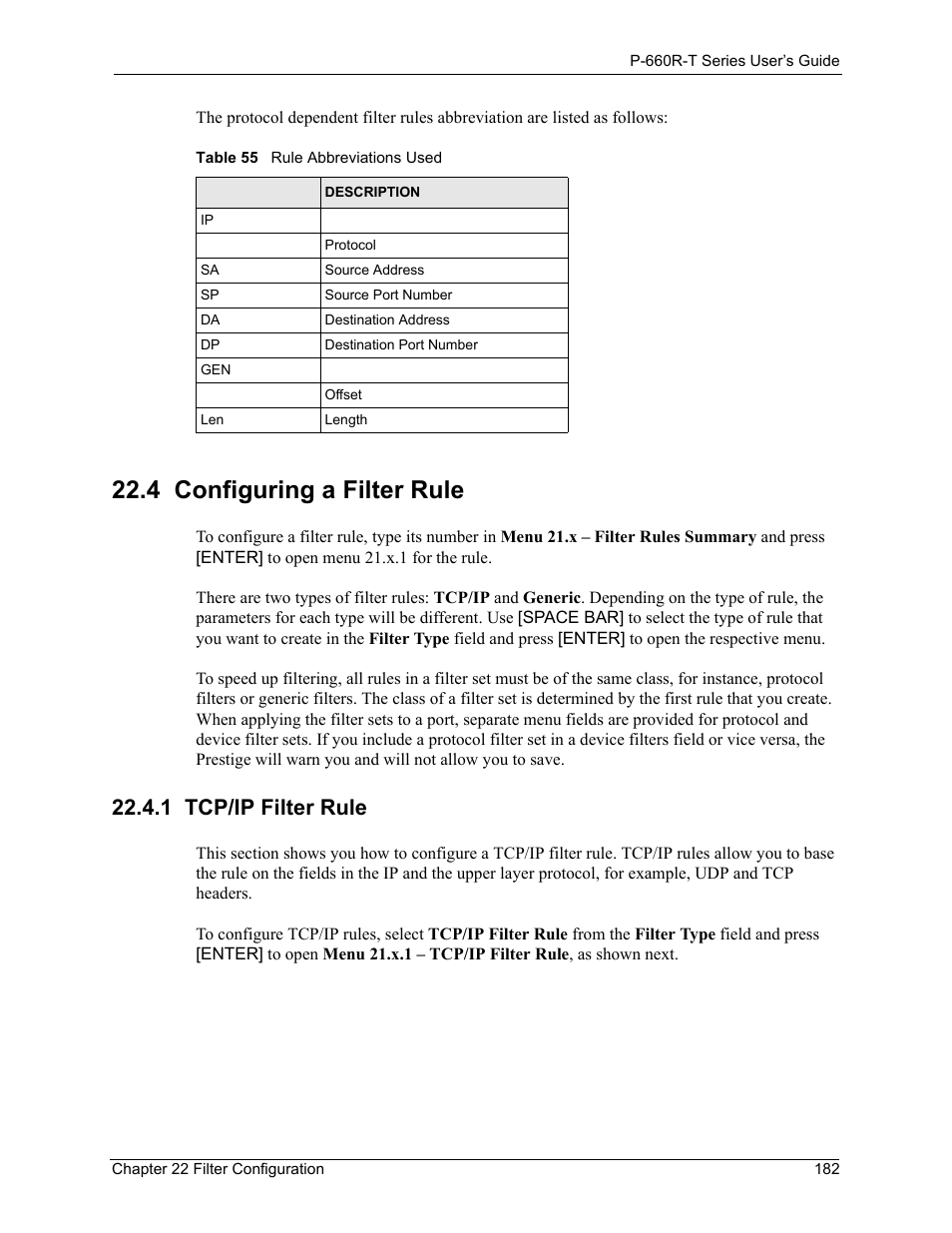 4 configuring a filter rule, 1 tcp/ip filter rule, Table 55 rule abbreviations used | ZyXEL Communications ADSL2+ Ethernet Gateway P-660R-T Series User Manual | Page 182 / 302