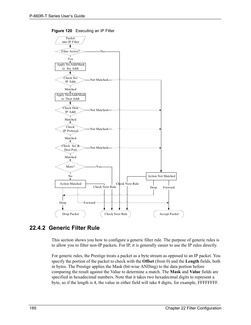 2 generic filter rule, Figure 120 executing an ip filter | ZyXEL Communications ADSL2+ Ethernet Gateway P-660R-T Series User Manual | Page 185 / 302