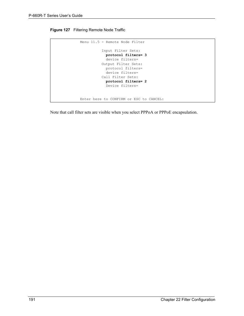 Figure 127 filtering remote node traffic | ZyXEL Communications ADSL2+ Ethernet Gateway P-660R-T Series User Manual | Page 191 / 302