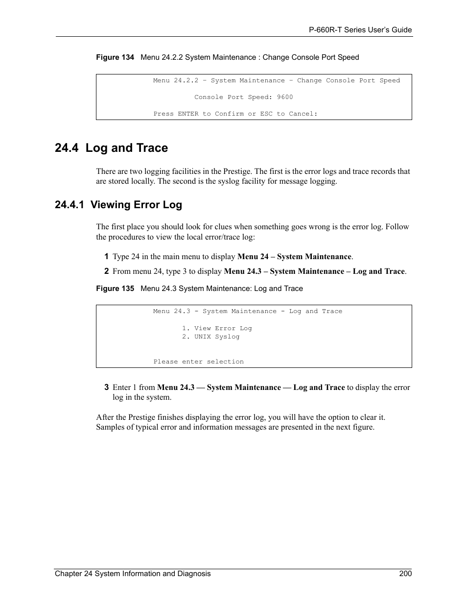 4 log and trace, 1 viewing error log | ZyXEL Communications ADSL2+ Ethernet Gateway P-660R-T Series User Manual | Page 200 / 302