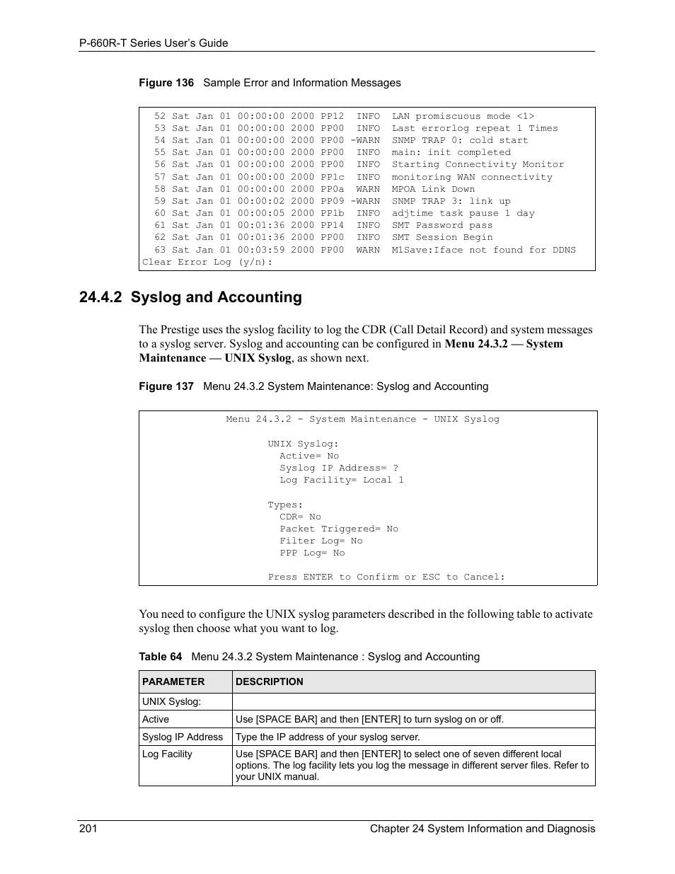 2 syslog and accounting | ZyXEL Communications ADSL2+ Ethernet Gateway P-660R-T Series User Manual | Page 201 / 302
