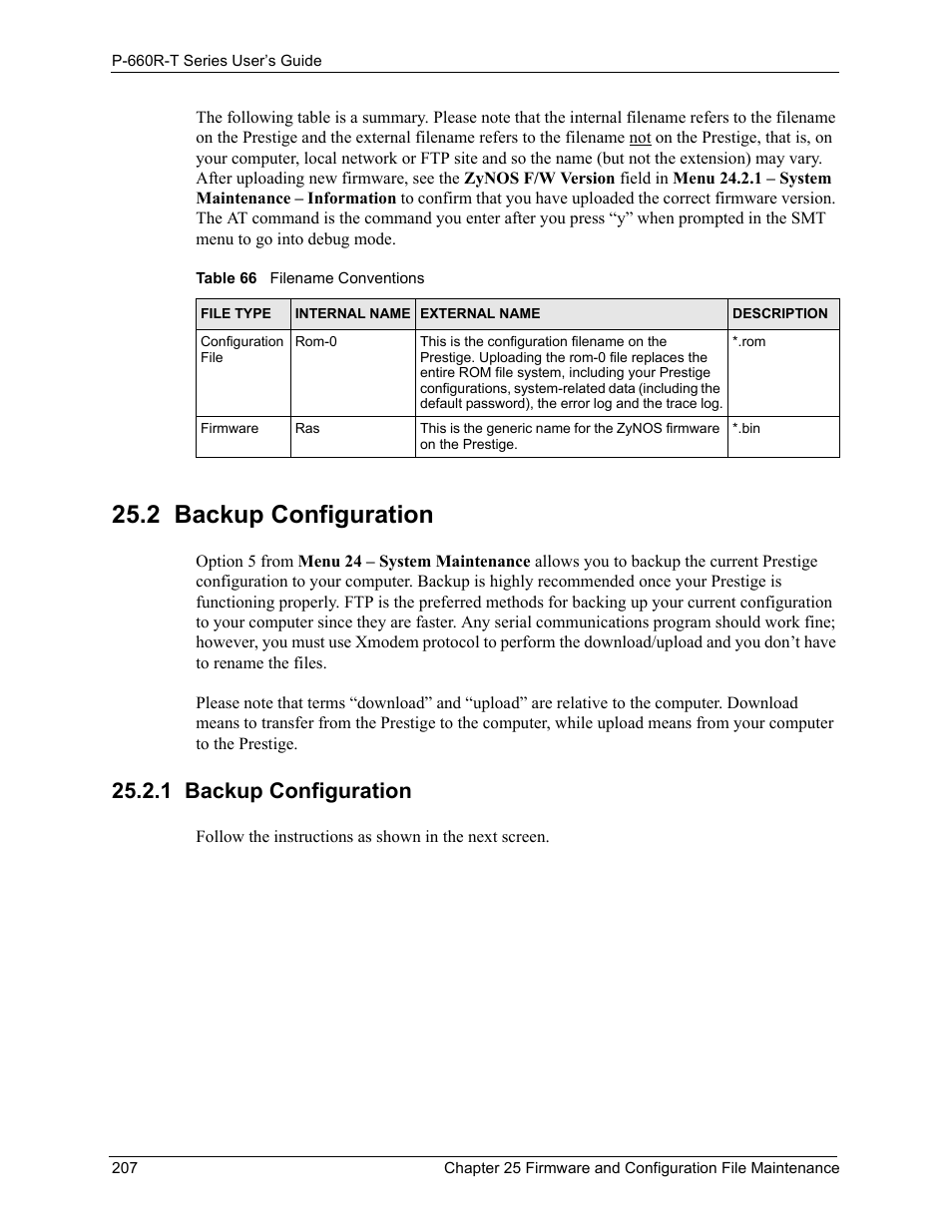 2 backup configuration, 1 backup configuration, Table 66 filename conventions | ZyXEL Communications ADSL2+ Ethernet Gateway P-660R-T Series User Manual | Page 207 / 302