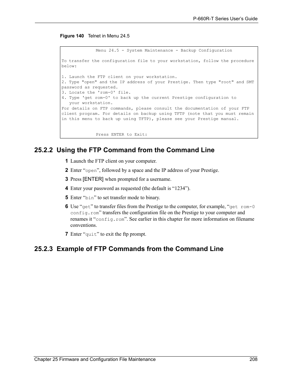 2 using the ftp command from the command line, 3 example of ftp commands from the command line, Figure 140 telnet in menu 24.5 | ZyXEL Communications ADSL2+ Ethernet Gateway P-660R-T Series User Manual | Page 208 / 302