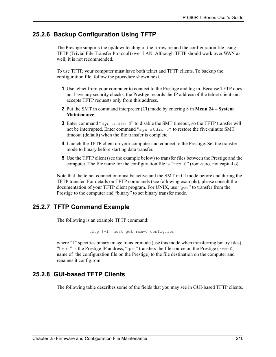 6 backup configuration using tftp, 7 tftp command example, 8 gui-based tftp clients | ZyXEL Communications ADSL2+ Ethernet Gateway P-660R-T Series User Manual | Page 210 / 302