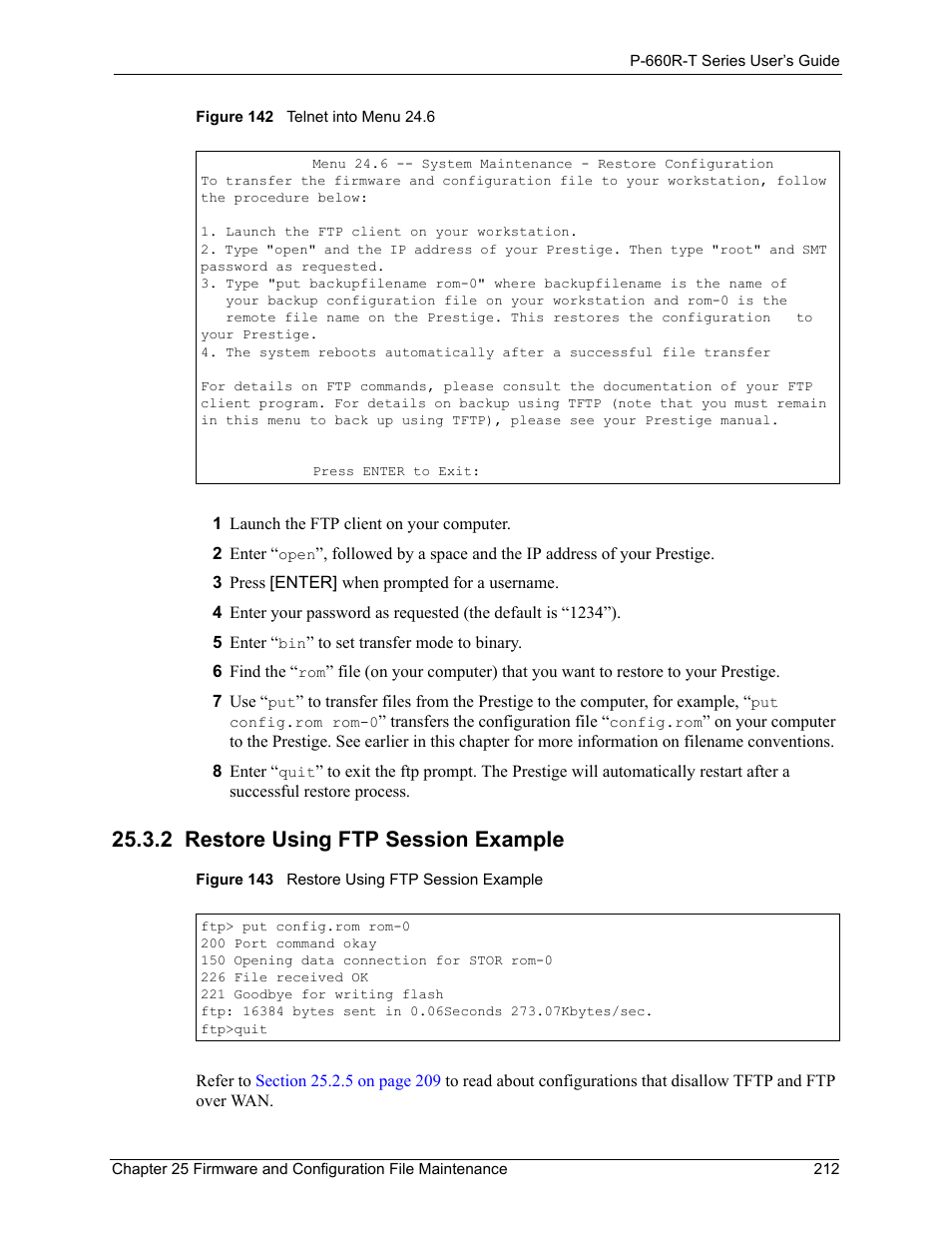 2 restore using ftp session example | ZyXEL Communications ADSL2+ Ethernet Gateway P-660R-T Series User Manual | Page 212 / 302