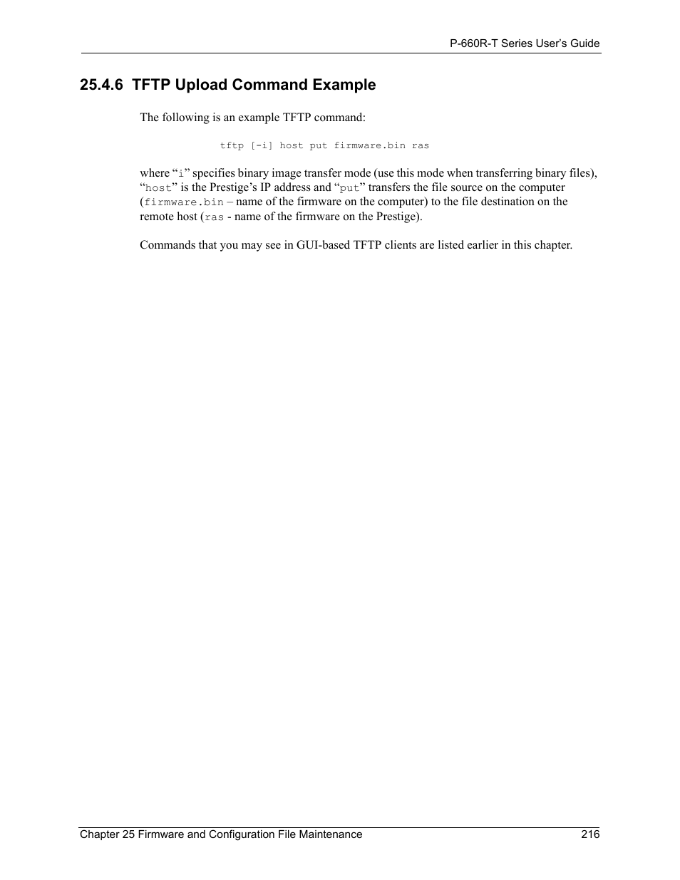 6 tftp upload command example | ZyXEL Communications ADSL2+ Ethernet Gateway P-660R-T Series User Manual | Page 216 / 302
