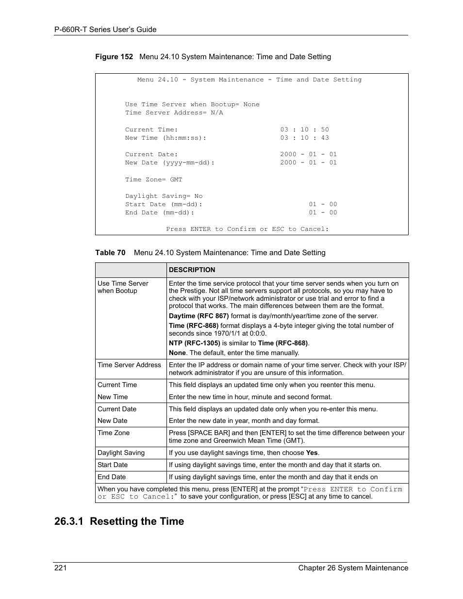 1 resetting the time | ZyXEL Communications ADSL2+ Ethernet Gateway P-660R-T Series User Manual | Page 221 / 302