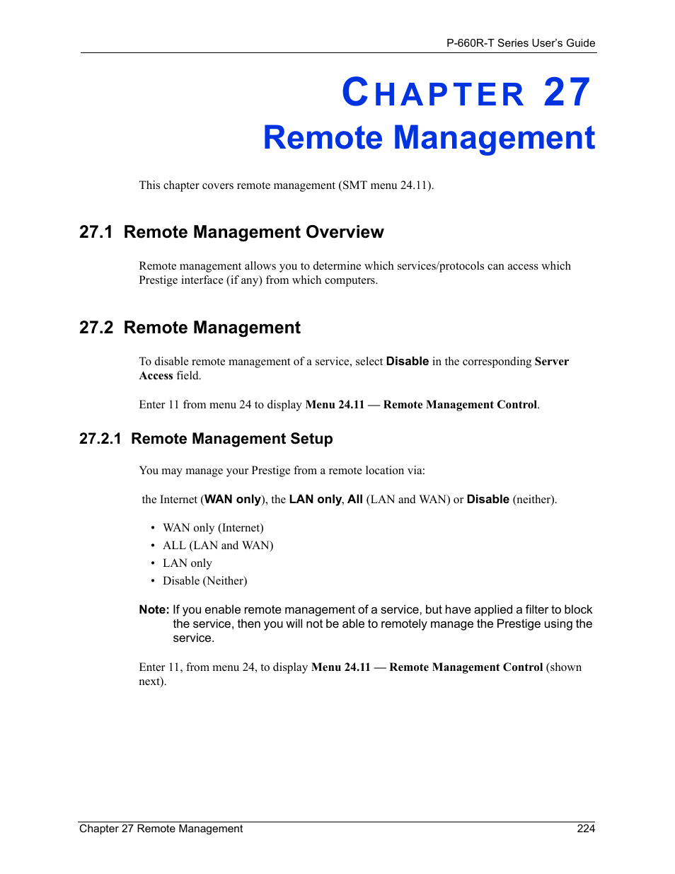 Remote management, 1 remote management overview, 2 remote management | 1 remote management setup, Chapter 27 remote management | ZyXEL Communications ADSL2+ Ethernet Gateway P-660R-T Series User Manual | Page 224 / 302
