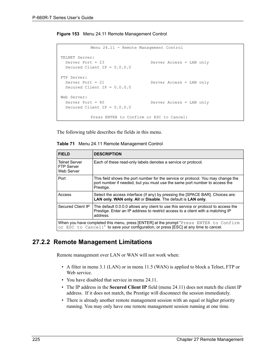 2 remote management limitations, Figure 153 menu 24.11 remote management control, Table 71 menu 24.11 remote management control | ZyXEL Communications ADSL2+ Ethernet Gateway P-660R-T Series User Manual | Page 225 / 302