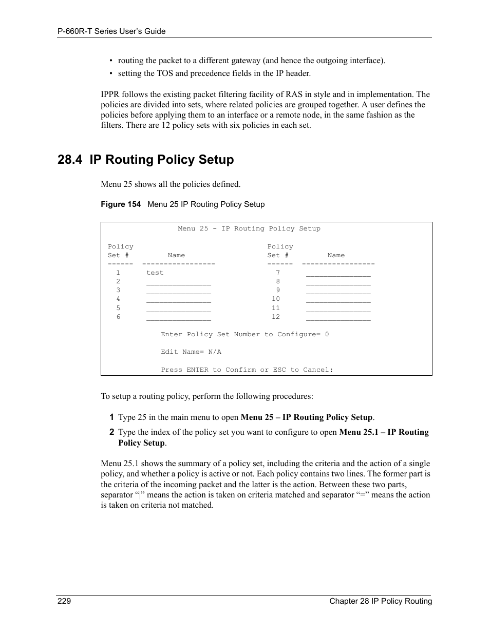 4 ip routing policy setup, Figure 154 menu 25 ip routing policy setup | ZyXEL Communications ADSL2+ Ethernet Gateway P-660R-T Series User Manual | Page 229 / 302