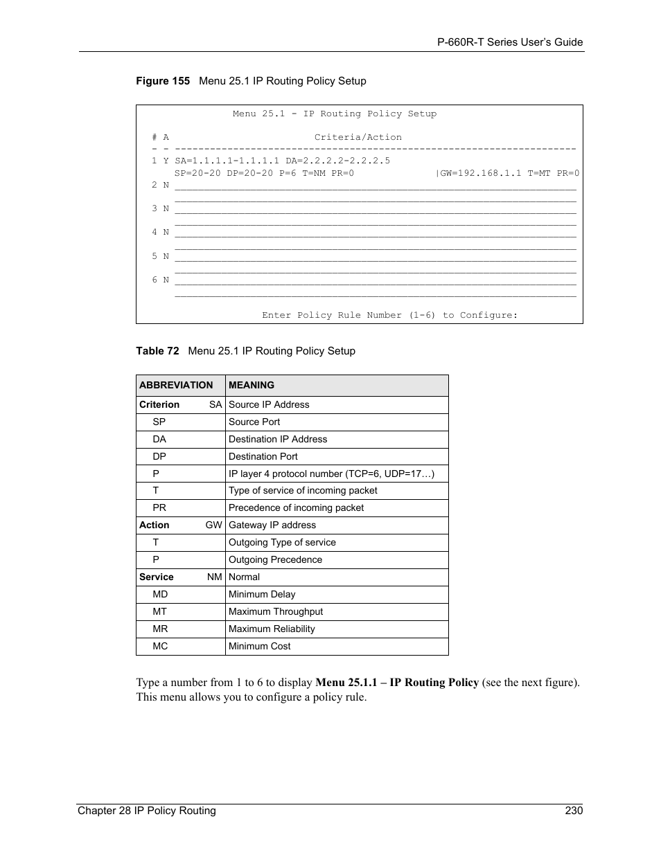Figure 155 menu 25.1 ip routing policy setup, Table 72 menu 25.1 ip routing policy setup | ZyXEL Communications ADSL2+ Ethernet Gateway P-660R-T Series User Manual | Page 230 / 302