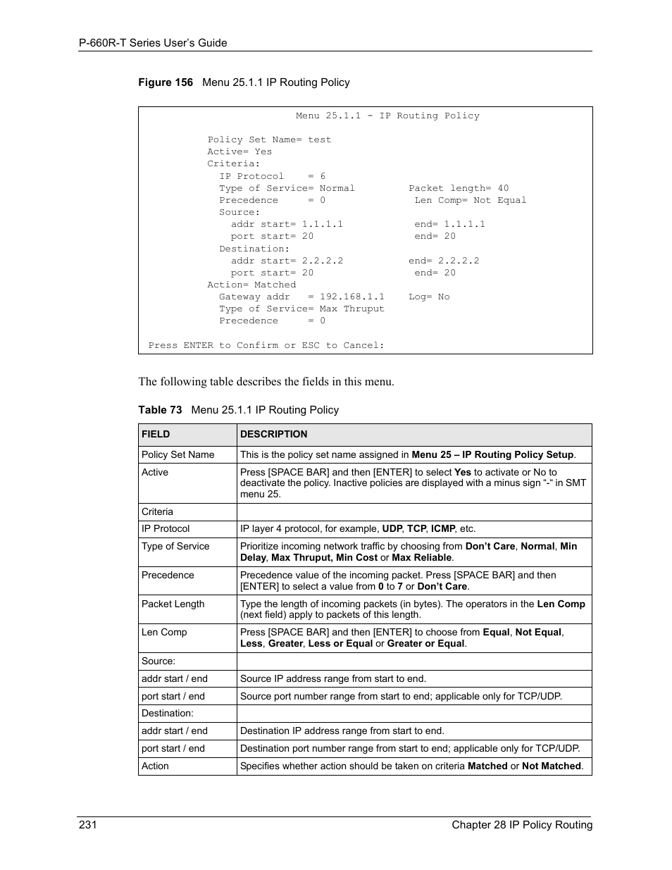 Figure 156 menu 25.1.1 ip routing policy, Table 73 menu 25.1.1 ip routing policy | ZyXEL Communications ADSL2+ Ethernet Gateway P-660R-T Series User Manual | Page 231 / 302