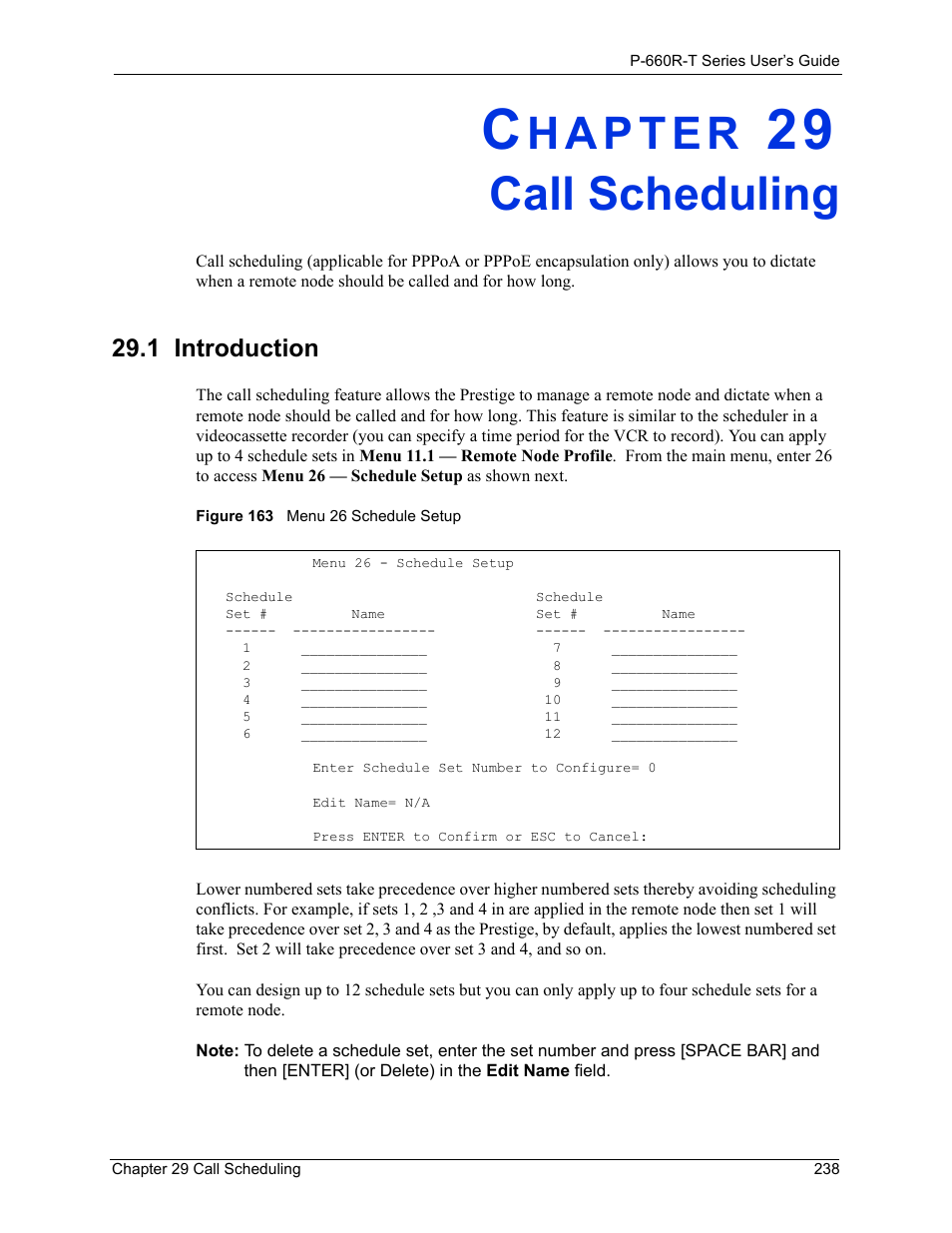 Call scheduling, 1 introduction, Chapter 29 call scheduling | Figure 163 menu 26 schedule setup, R to, Chapter 29 on | ZyXEL Communications ADSL2+ Ethernet Gateway P-660R-T Series User Manual | Page 238 / 302