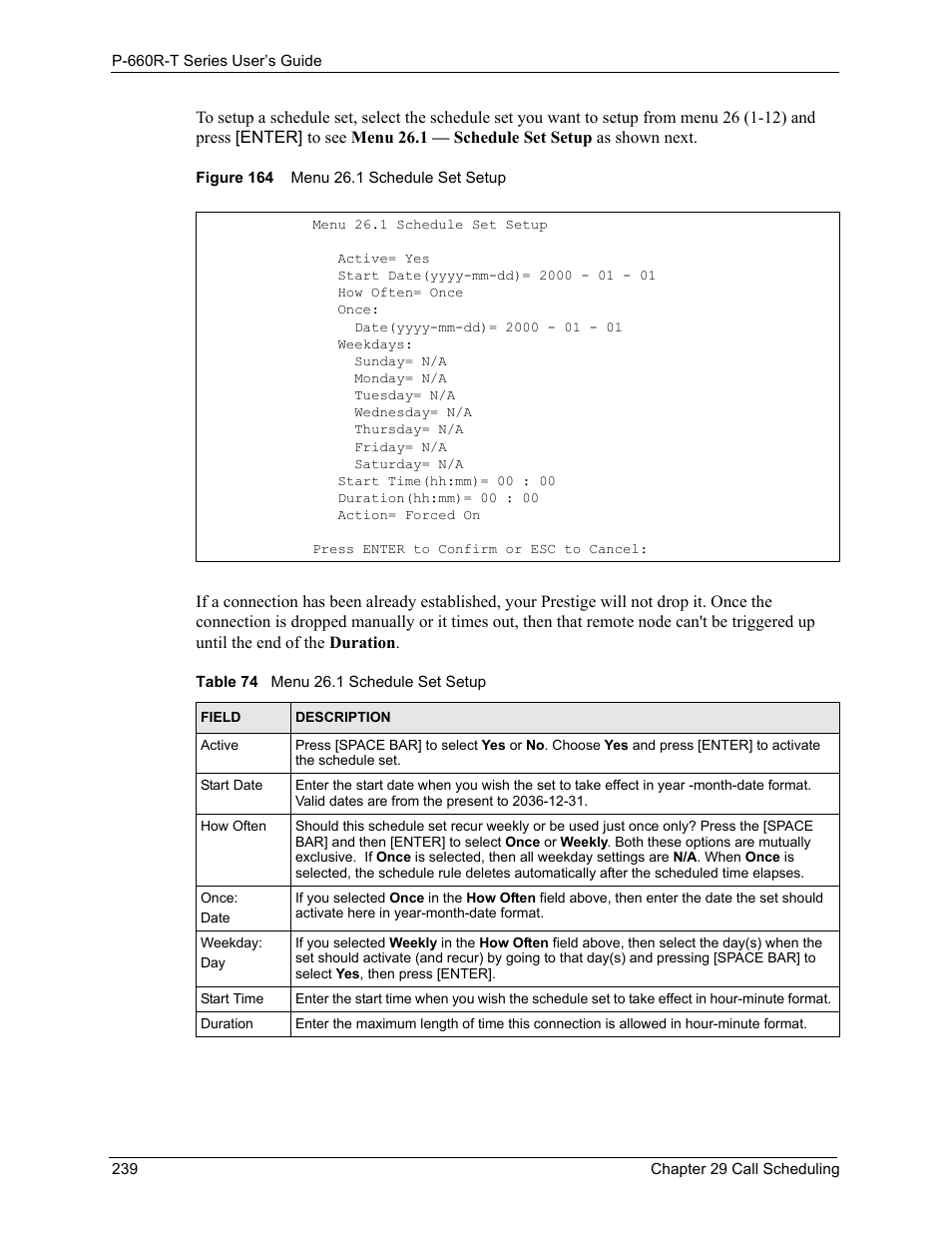 Figure 164 menu 26.1 schedule set setup, Table 74 menu 26.1 schedule set setup | ZyXEL Communications ADSL2+ Ethernet Gateway P-660R-T Series User Manual | Page 239 / 302