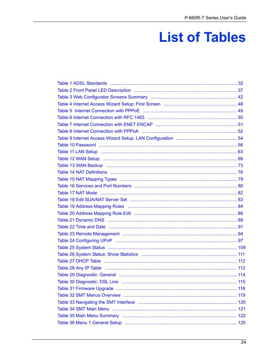 List of tables | ZyXEL Communications ADSL2+ Ethernet Gateway P-660R-T Series User Manual | Page 24 / 302