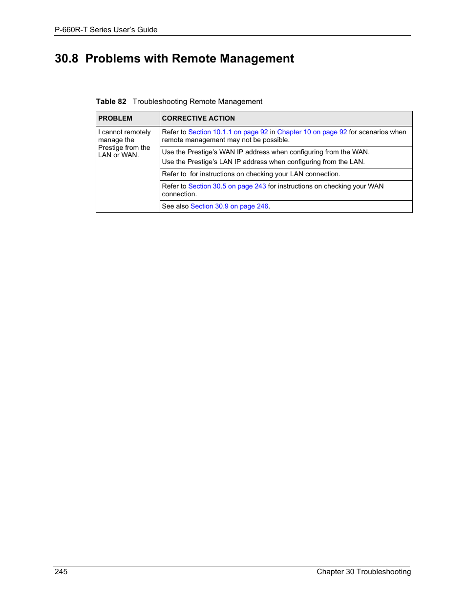 8 problems with remote management, Table 82 troubleshooting remote management | ZyXEL Communications ADSL2+ Ethernet Gateway P-660R-T Series User Manual | Page 245 / 302