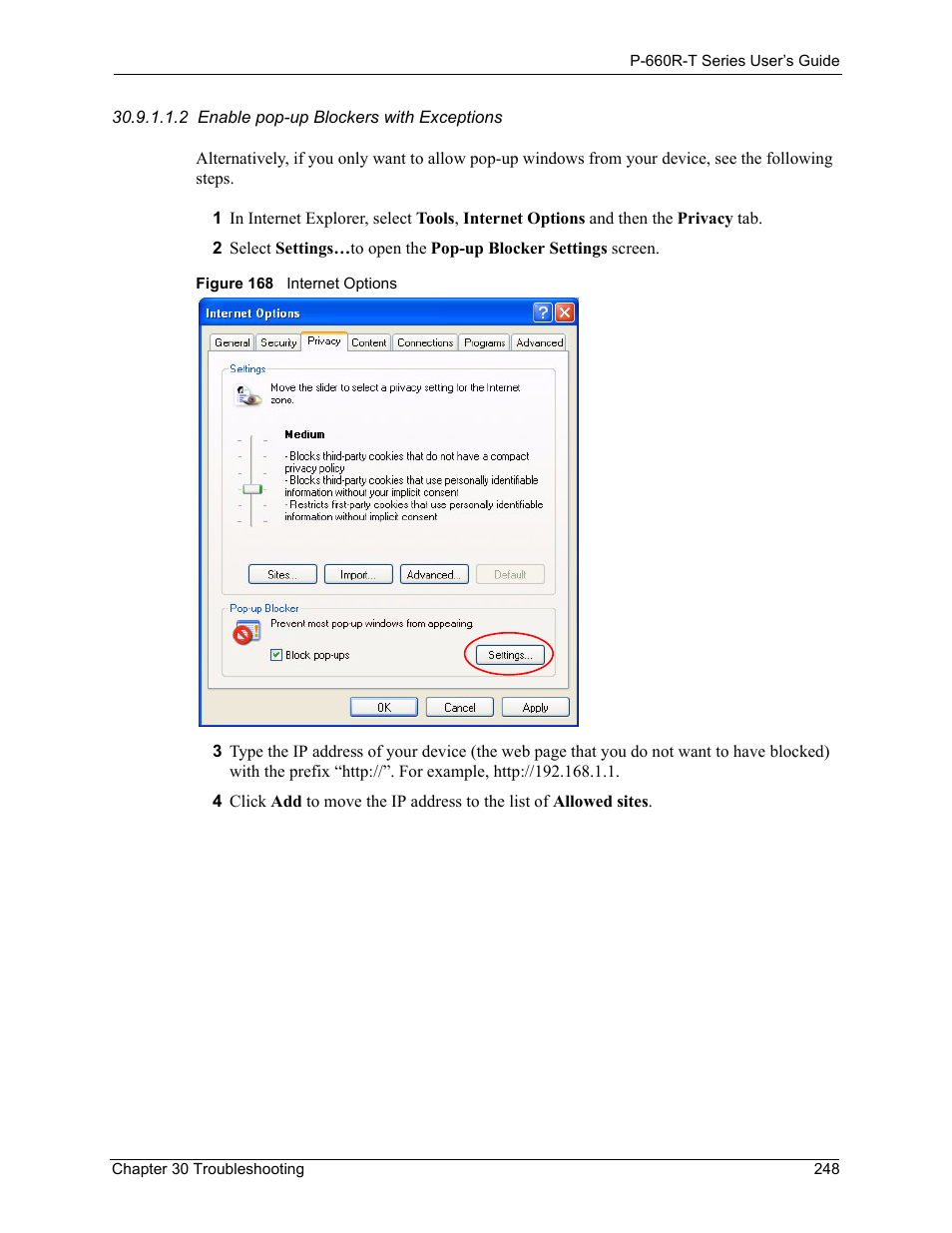 Figure 168 internet options | ZyXEL Communications ADSL2+ Ethernet Gateway P-660R-T Series User Manual | Page 248 / 302