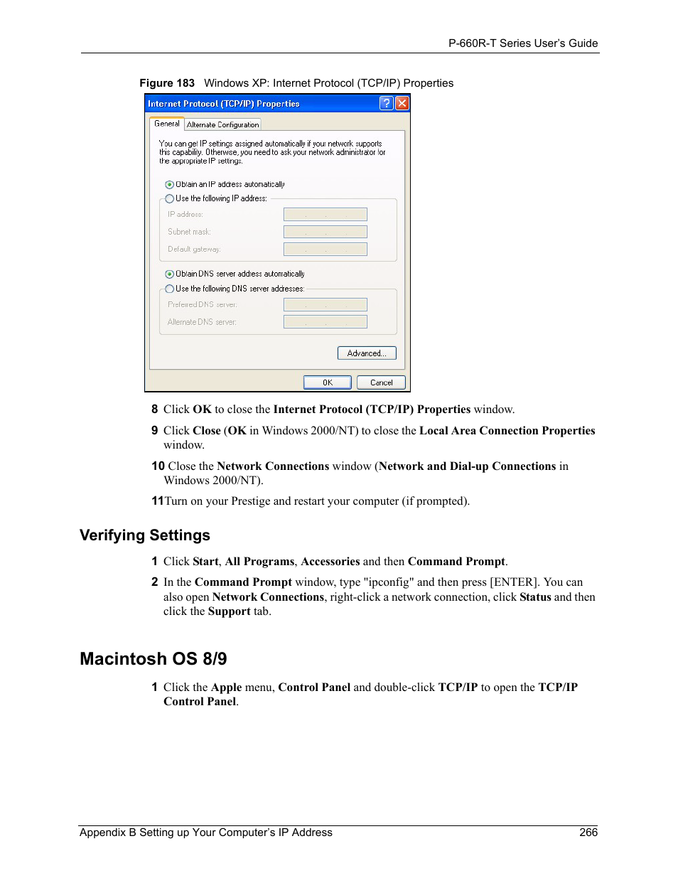 Verifying settings, Macintosh os 8/9 | ZyXEL Communications ADSL2+ Ethernet Gateway P-660R-T Series User Manual | Page 266 / 302