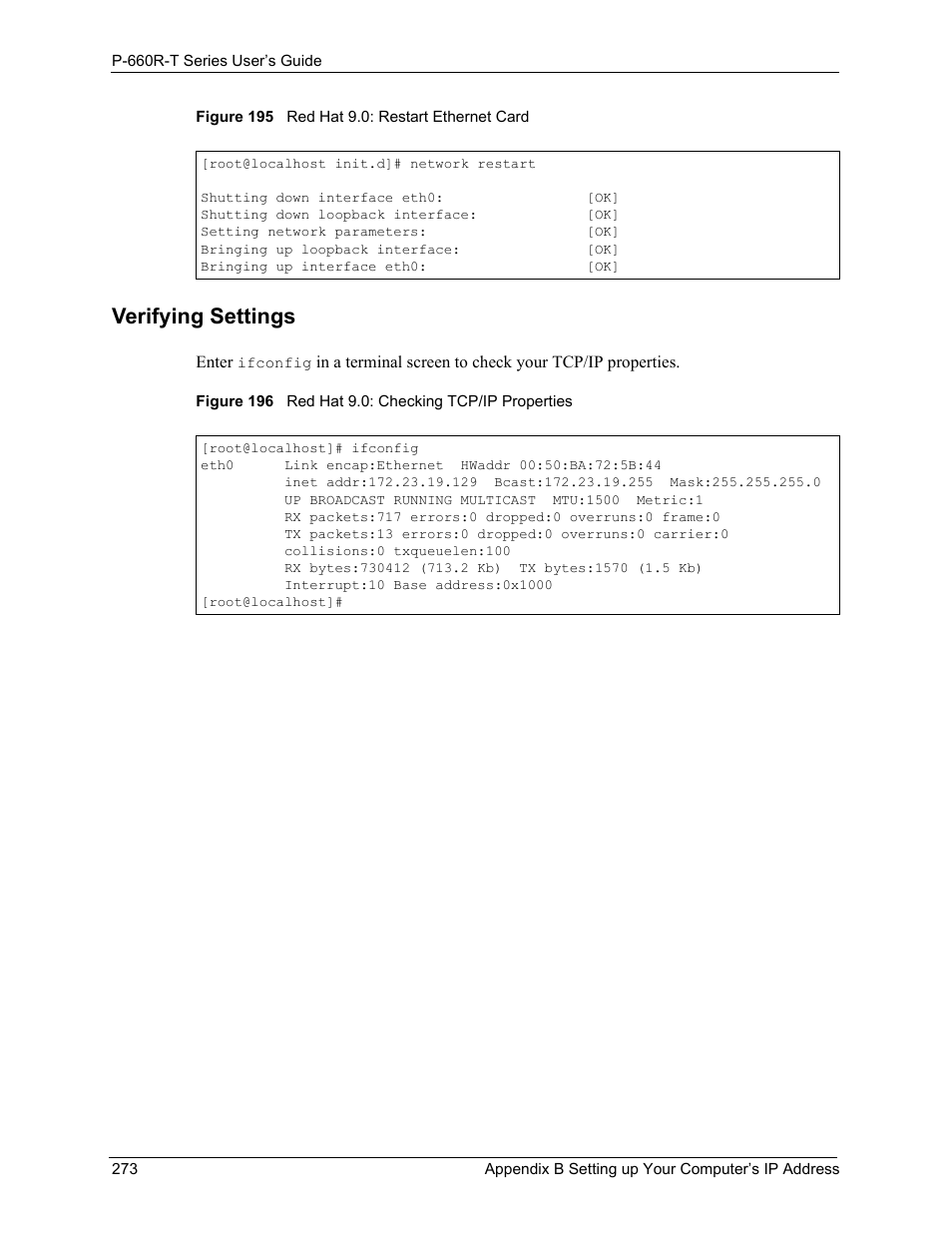 Verifying settings | ZyXEL Communications ADSL2+ Ethernet Gateway P-660R-T Series User Manual | Page 273 / 302