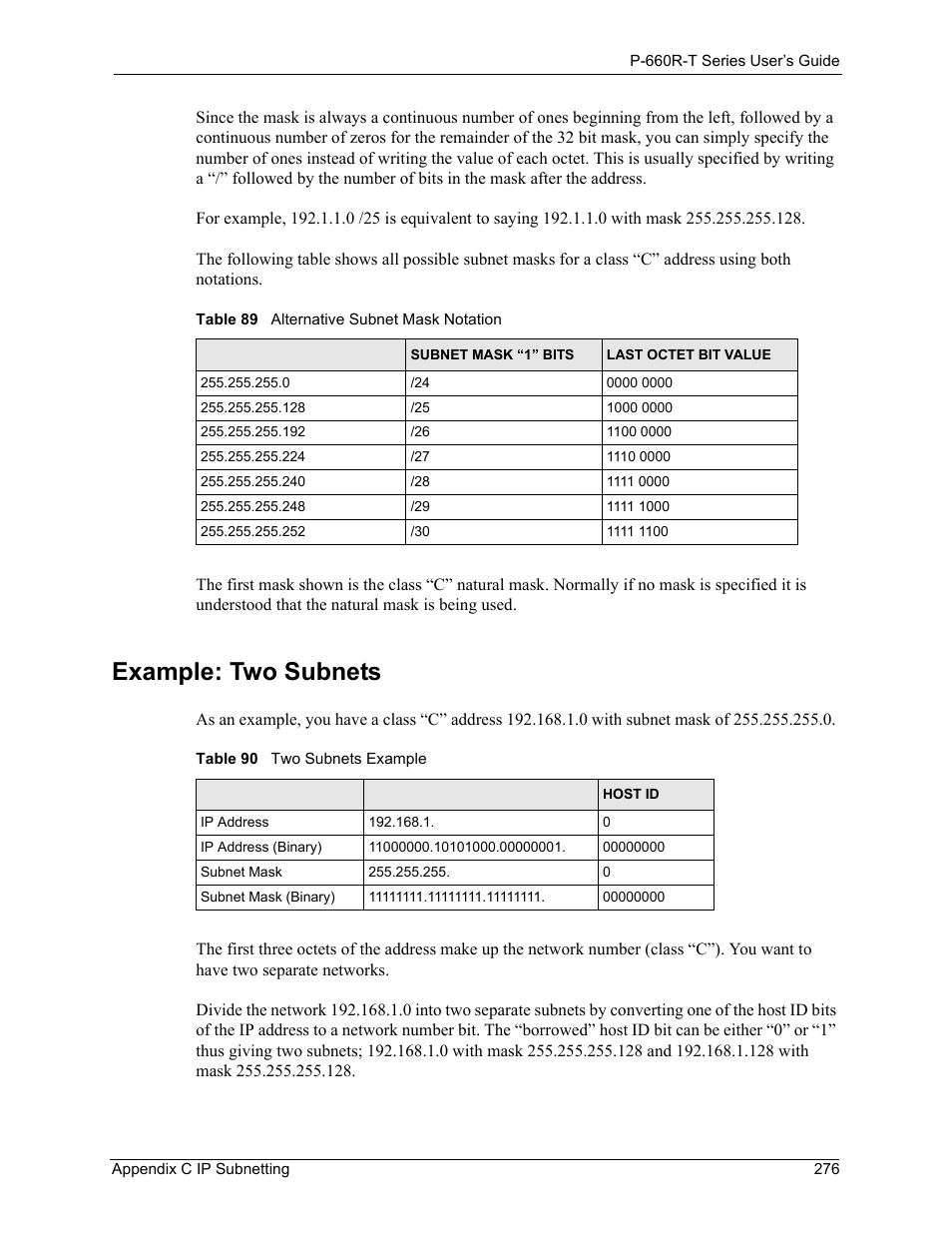 Example: two subnets | ZyXEL Communications ADSL2+ Ethernet Gateway P-660R-T Series User Manual | Page 276 / 302