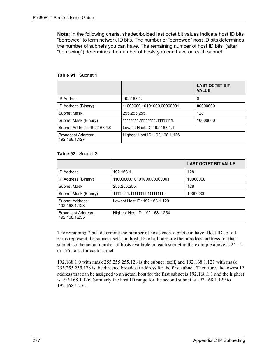 Table 91 subnet 1 table 92 subnet 2 | ZyXEL Communications ADSL2+ Ethernet Gateway P-660R-T Series User Manual | Page 277 / 302