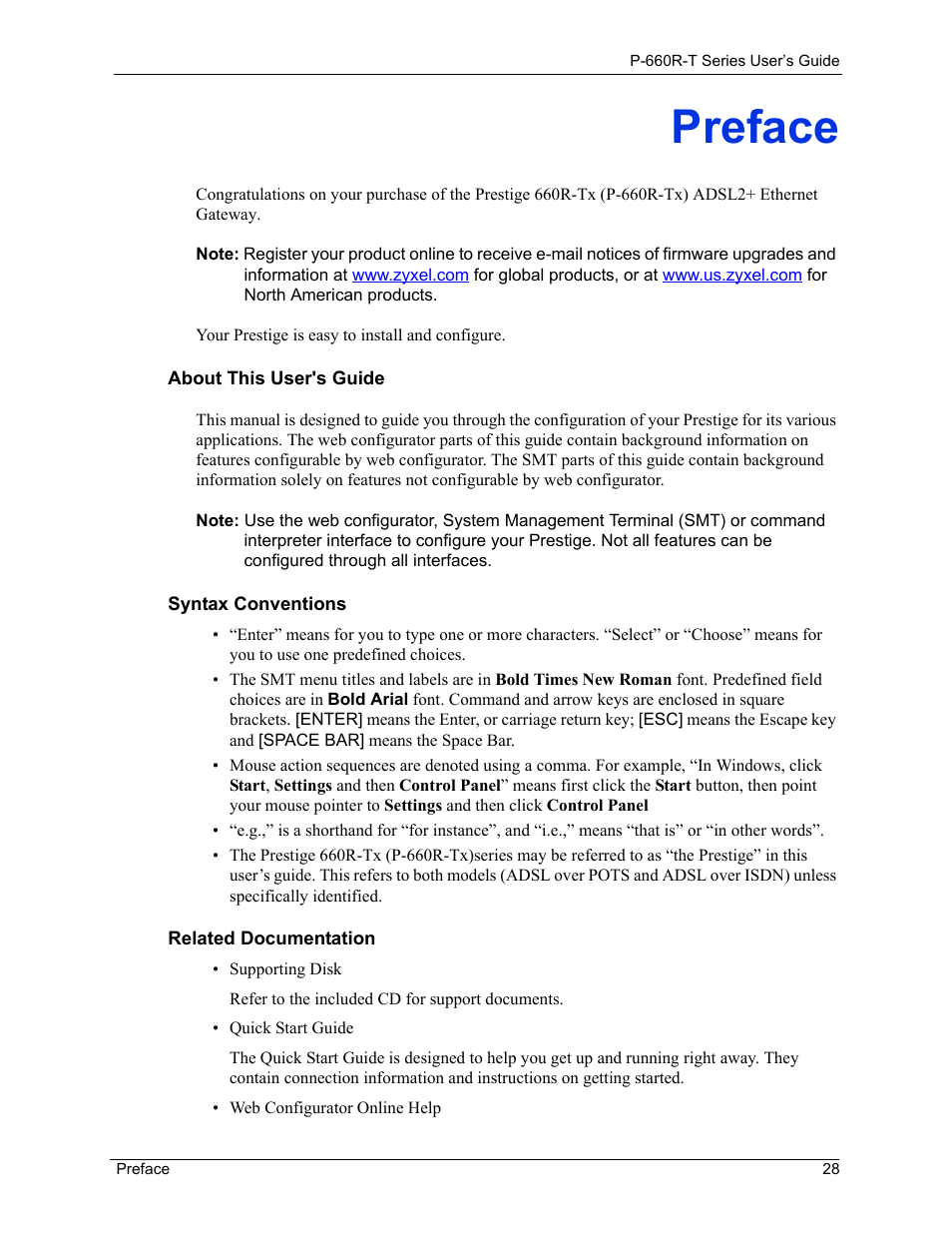 Preface | ZyXEL Communications ADSL2+ Ethernet Gateway P-660R-T Series User Manual | Page 28 / 302