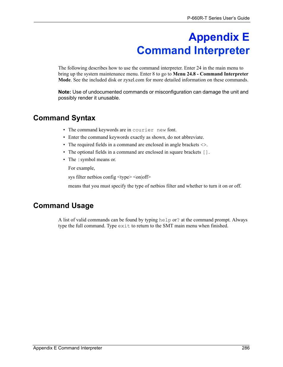 E. command interpreter, Appendix e command interpreter, Command syntax command usage | Command syntax, Command usage | ZyXEL Communications ADSL2+ Ethernet Gateway P-660R-T Series User Manual | Page 286 / 302