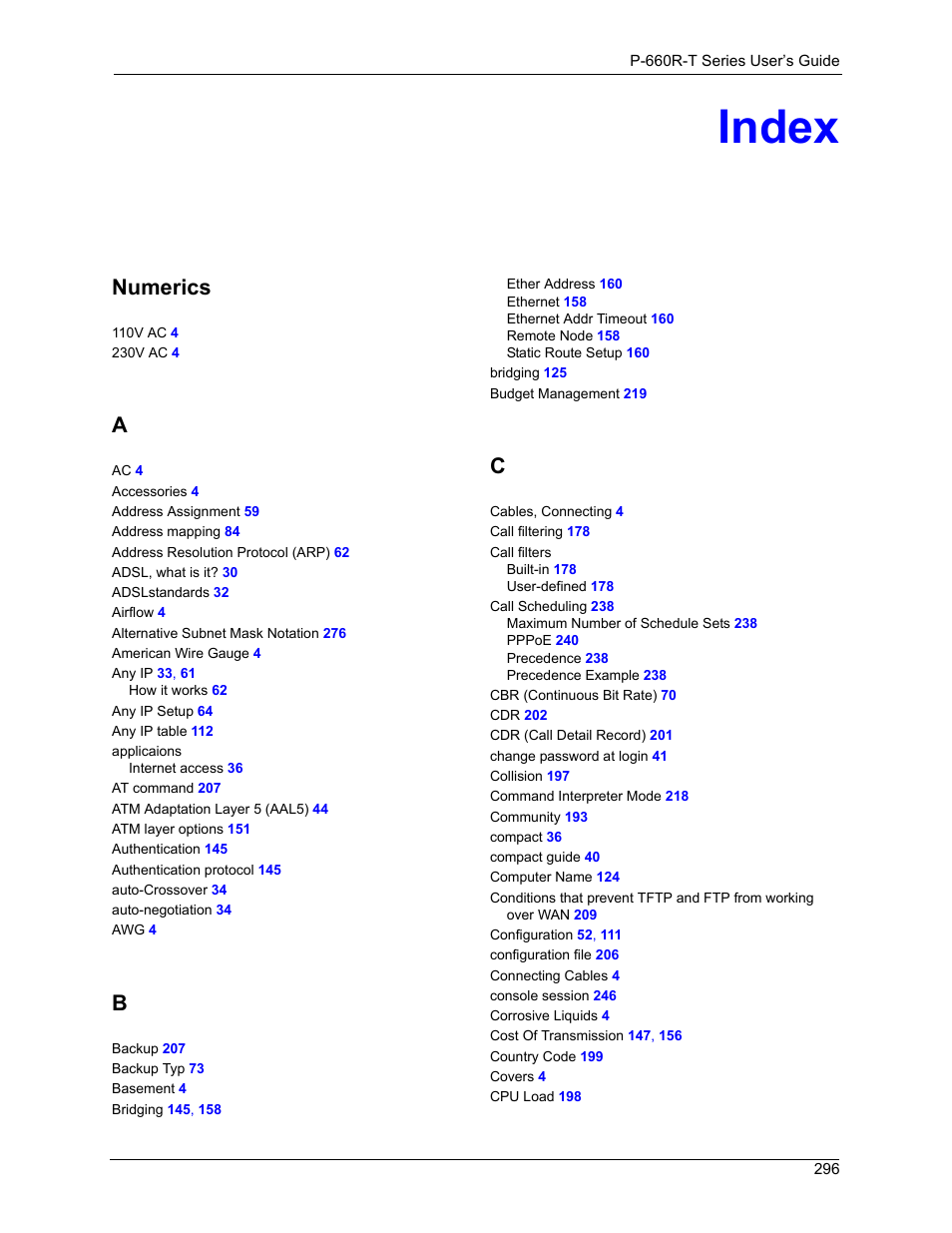 Index, Numerics | ZyXEL Communications ADSL2+ Ethernet Gateway P-660R-T Series User Manual | Page 296 / 302