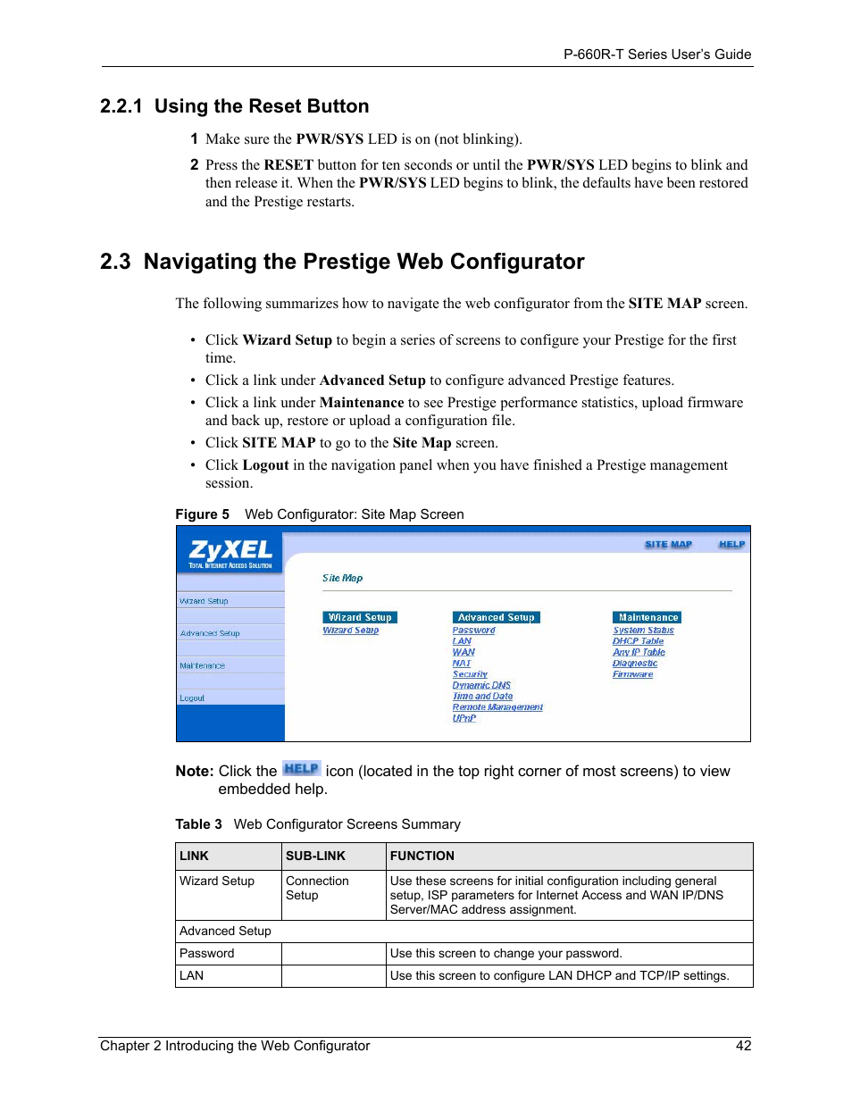 1 using the reset button, 3 navigating the prestige web configurator, Figure 5 web configurator: site map screen | Table 3 web configurator screens summary | ZyXEL Communications ADSL2+ Ethernet Gateway P-660R-T Series User Manual | Page 42 / 302