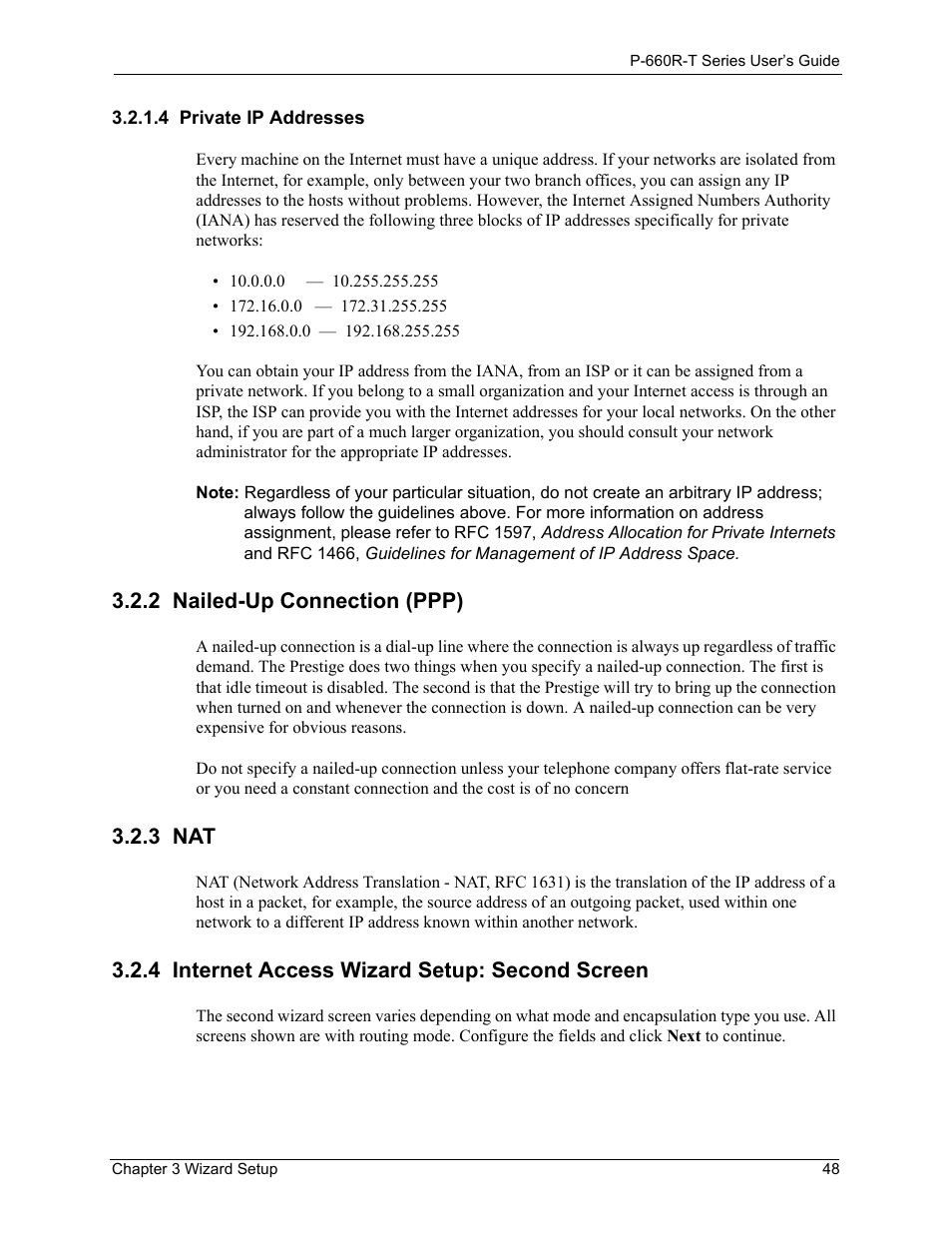 4 private ip addresses, 2 nailed-up connection (ppp), 3 nat | 4 internet access wizard setup: second screen | ZyXEL Communications ADSL2+ Ethernet Gateway P-660R-T Series User Manual | Page 48 / 302